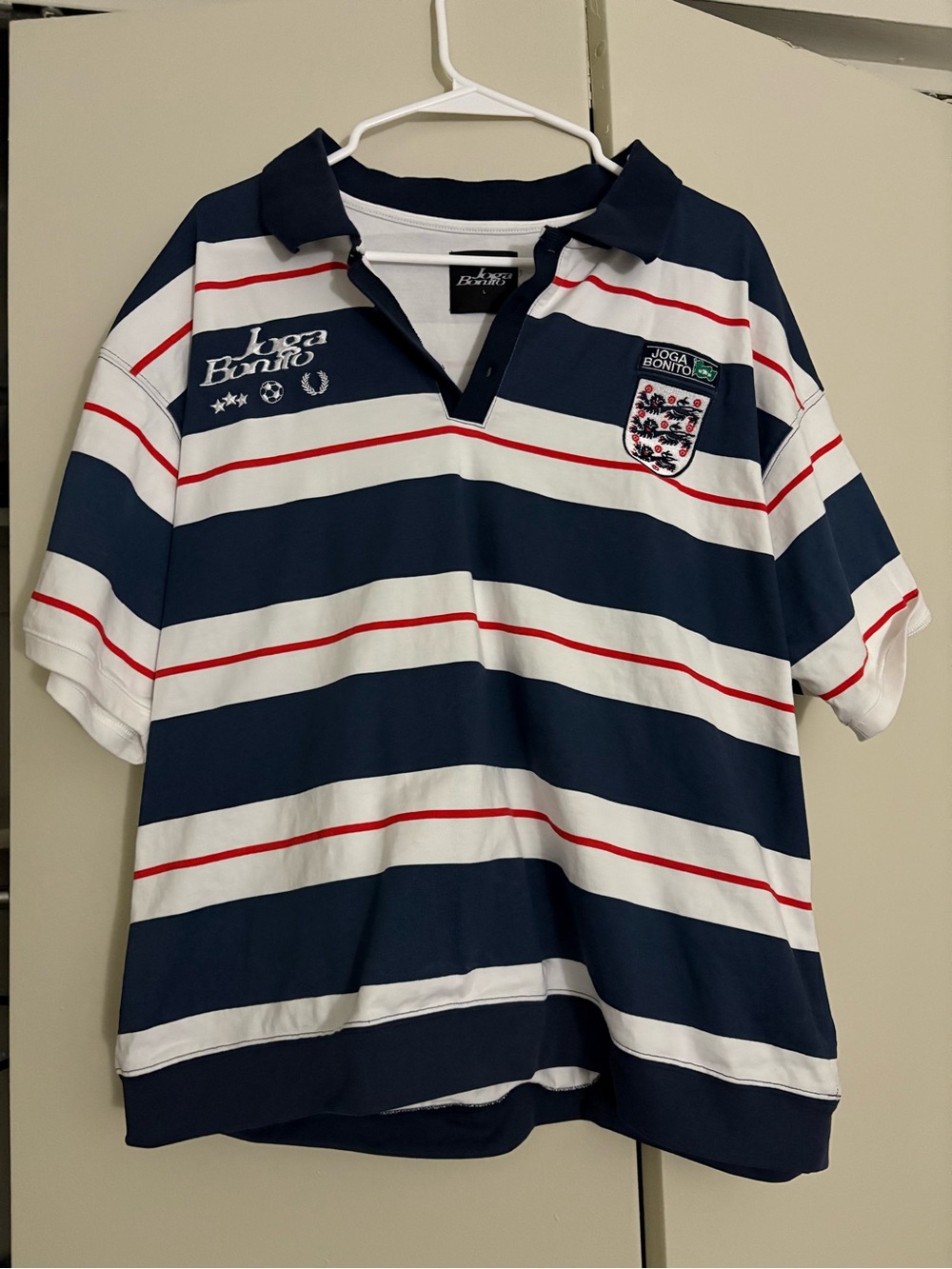 Joga Bonito Men's Navy & White Striped Rugby Polo with Red Accent